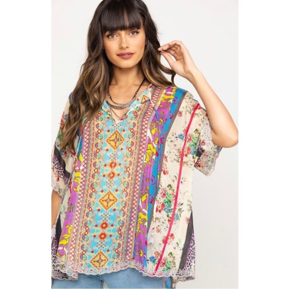 Johnny Was Women's Multicolor Drape Tunic Size XL Dolman sleeves, lace trim.